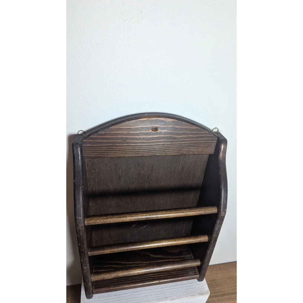 Rustic Dark Brown Wood Wall Mount Magazine Rack Arched Top Display 3 Spindle 15